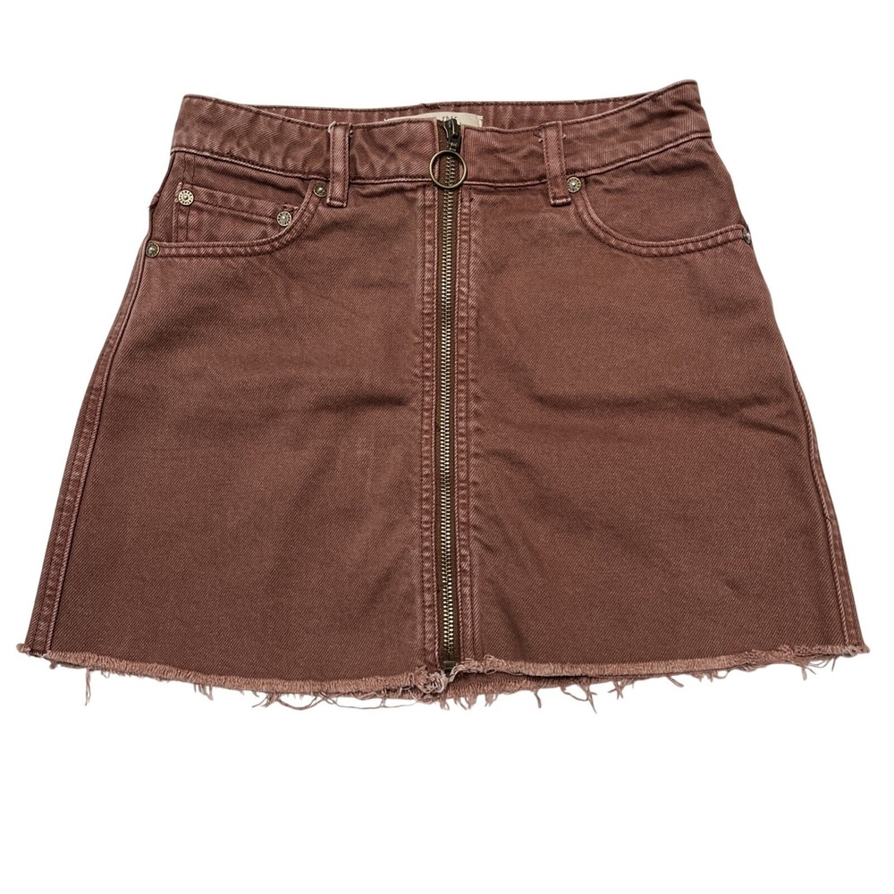 We The Free Y2K Skirt‎ Womens 24 Denim Burgundy Brown Micro Mini Zip Front  Rave